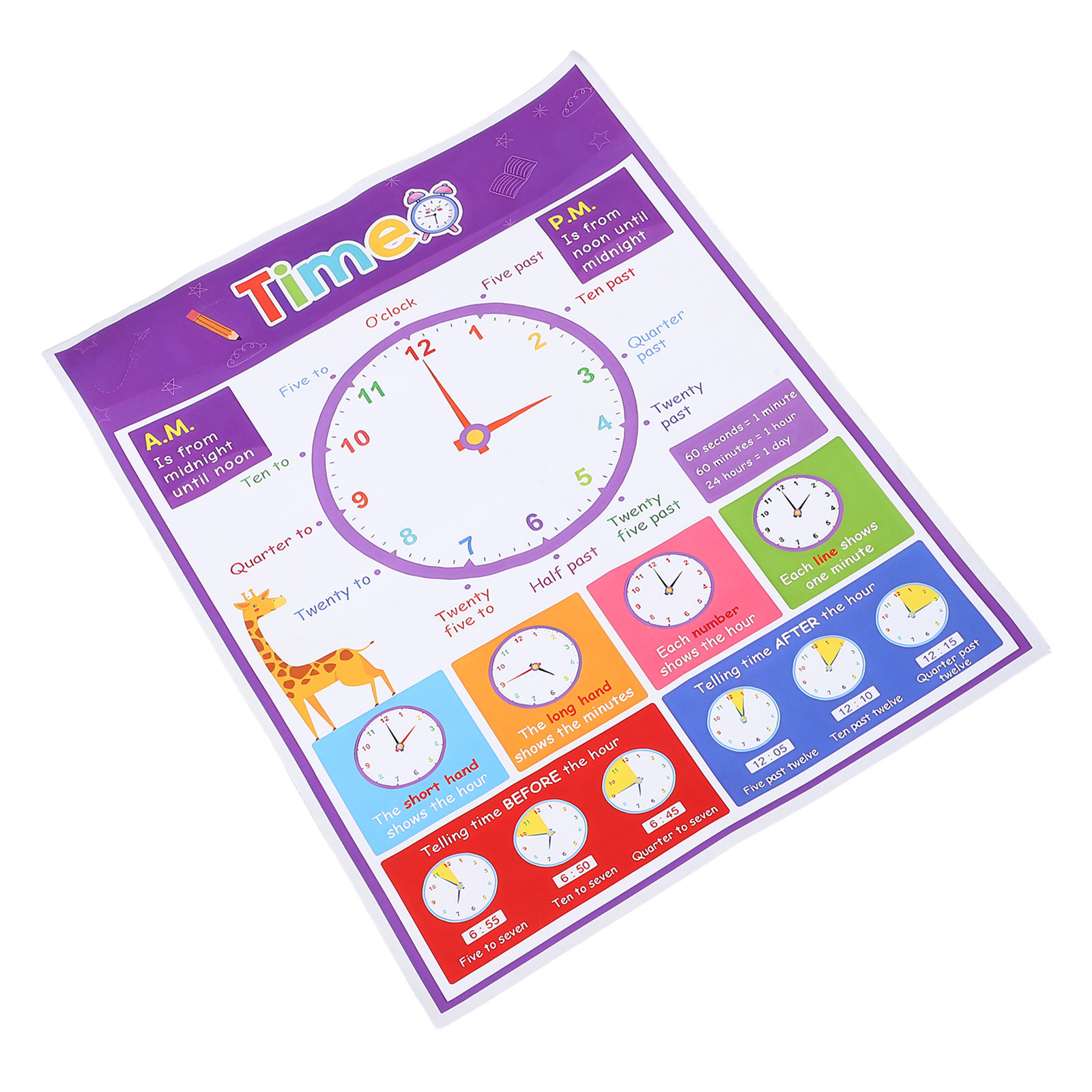 Kids Education Wallpaper - โปสเตอร์สอนเวลาสำหรับเด็ก แผนภูมิติดผนังเพื่อการศึกษา ภาพประกอบนาฬิกาแบบเข็ม ขนาด 40x50 ซม.
