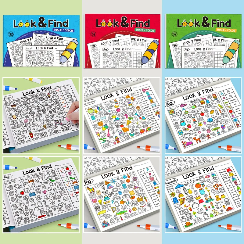 Kids Educational Workbooks - สมุดระบายสีแบบซ่อนหาสำหรับเด็ก หนังสือแบบฝึกหัดกิจกรรมค้นหาและระบายสี หนังสือปริศนาเพื่อการศึกษา สำหรับการพัฒนาการรับรู้ทางสายตา สมาธิ และการให้ความสนใจ