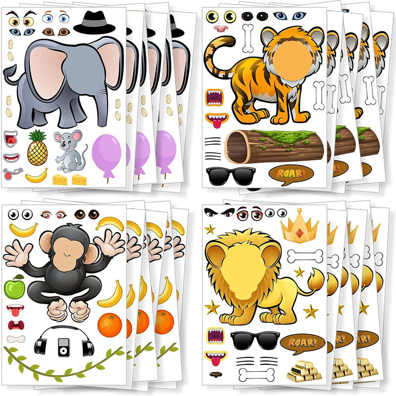 Kids Education Money - การ์ตูนสัตว์ซาฟารีสติกเกอร์สําหรับเด็กเด็ก DIY สร้างสติกเกอร์ใบหน้าของคุณสิงโตเงินช้างเสือประกอบปริศนา