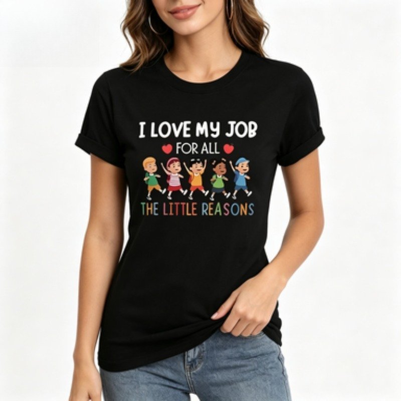 Kids Education Jobs - เสื้อยืดแขนสั้นทรงสลิมสำหรับผู้หญิง ลายพิมพ์เด็กน่ารักหลากหลายเชื้อชาติ ข้อความ 